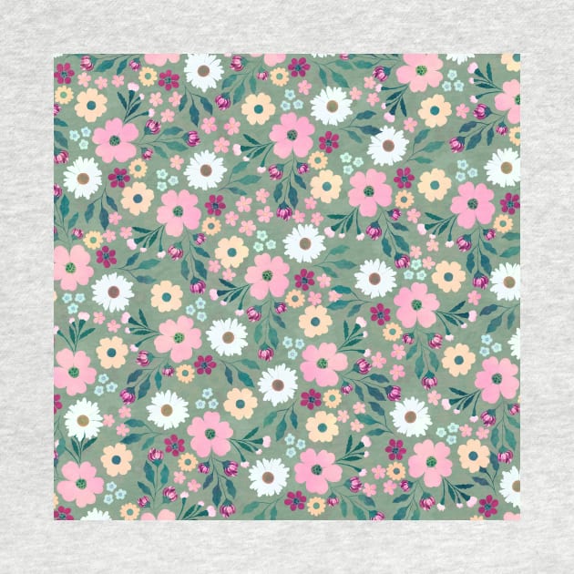 Pink flowers Botanical Green Design by NdesignTrend